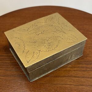 Engraved Brass Decorative Trinket Box - Gold Tone